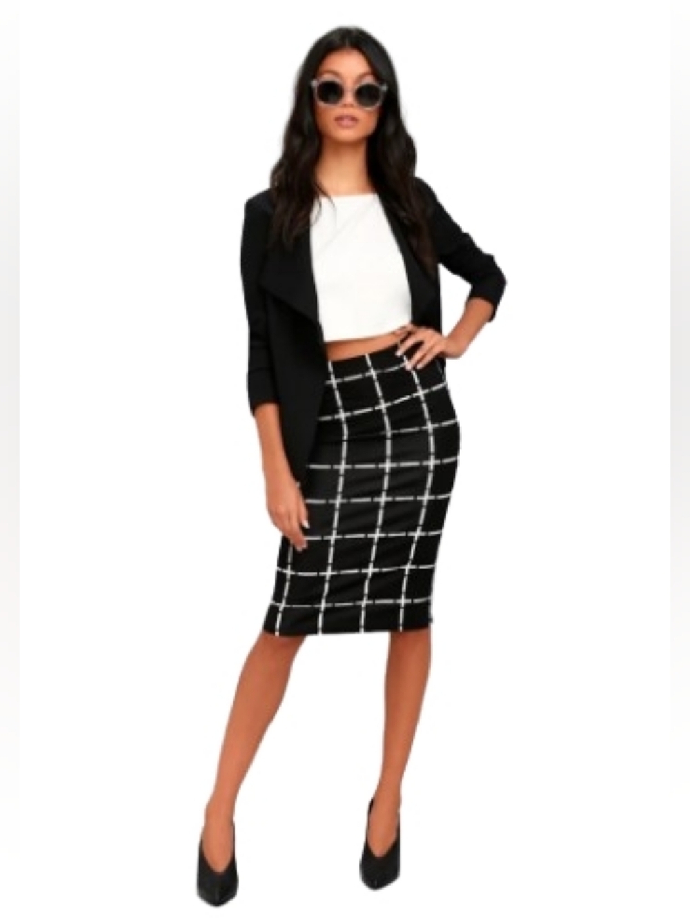 Lulu's Black/White Windowpane Pencil Skirt Size S Bodycon Stretch Career Office